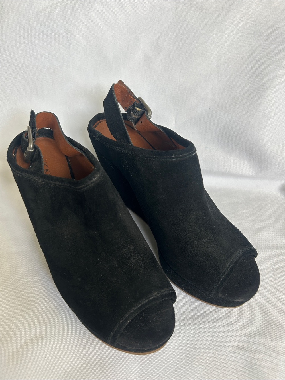 Lucky Brand Women’s Black Suede Peep-Toe Wedge Slingback